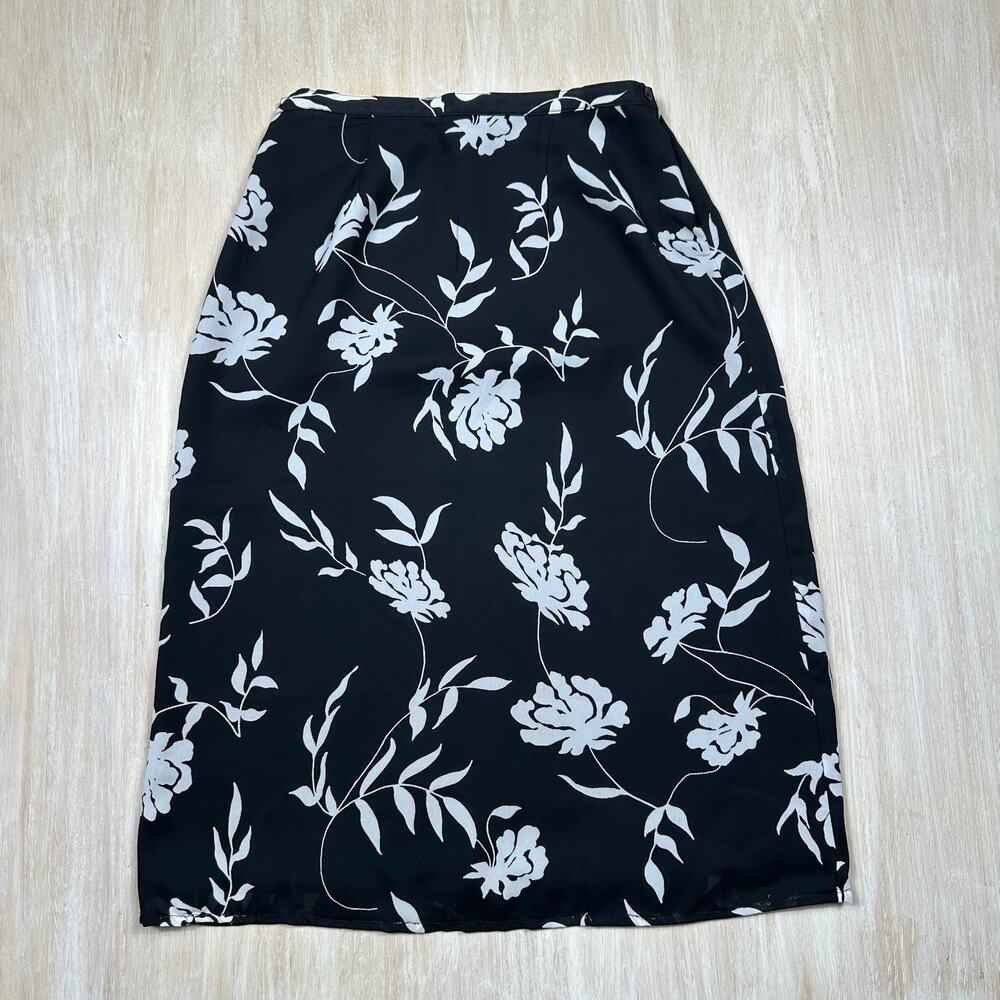 Kathy Ireland Black White Floral Print Midi Pencil Skirt Classic Office Career 8